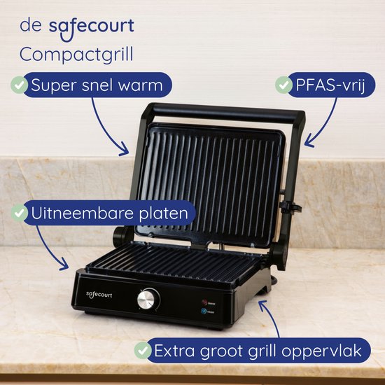 Safecourt Kitchen Tosti apparaat – Paninigrill en Tosti ijzer – Uitneembare PFAS-vrije platen & vaatwasserbestendig – Groot grilloppervlak – Snel warm – Contactgrill - Zwart