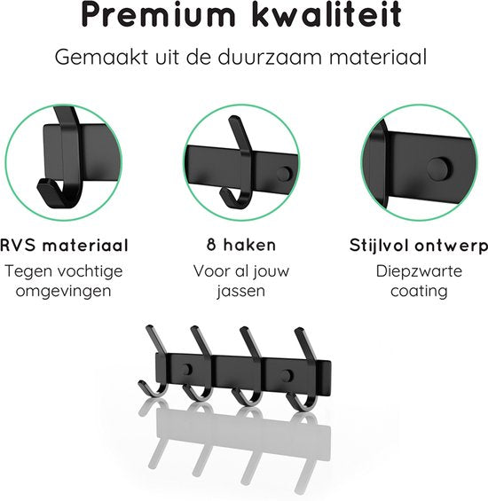Volcan - Wandkapstok 8 Haaks - RVS - Inclusief Montagekit - 27 x 8 cm -Zwart