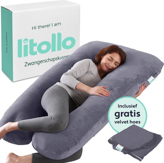 Litollo® Zwangerschapskussen XXL - Voedingskussen - Lichaamskussen - Body pillow - 280cm - Zachte fleece stof - Grijs - Met gratis extra afneembare hoes (t.w.v. €29,95)