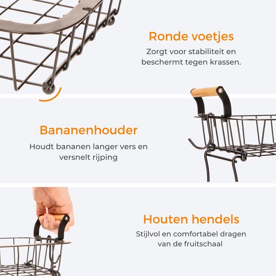 Posity Fruitschaal 2 Laags - Fruitmand - Fruit Etagere - Groentemand - Draadmand - Met bananenhouder - Hout & Metaal - Zwart