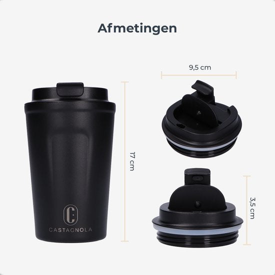 Castagnola Thermosbeker - Koffiebeker To Go - Reis Mok voor Koffie en Thee - Theebeker - 380 ML - RVS - Zwart