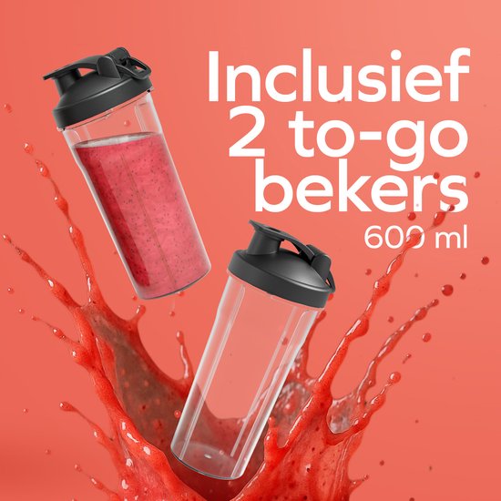 KitchenBrothers Mini Blender - Blender to Go - 2 Standen - Smoothie Maker - 2 To-Go Bekers 600 ml - Zwart