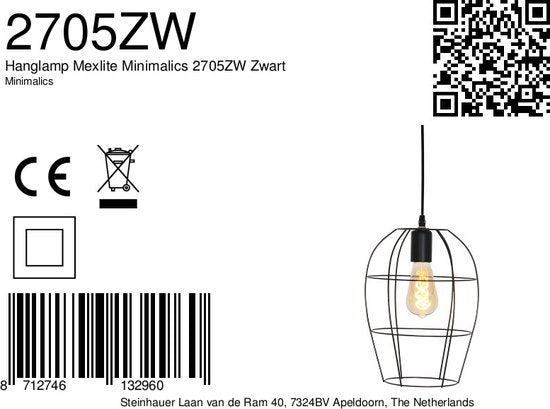 Hanglamp Minimalics 2705ZW – Zwart, verstelbaar van 35 cm tot 185 cm, Scandinavisch design, met E27 fitting, van merk Mexlite, gemaakt van metaal, kunststof en elektronica