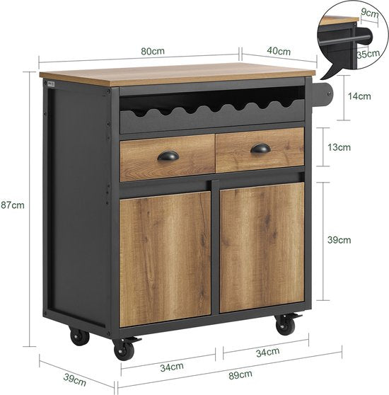 SoBuy Keukenwagen met Wieltjes, Keukeneiland met Flessenhouder, 2 Laden en 2 Deuren, Vintage Bruin, 89x40x87 cm, Dressoir en Opbergkast - FKW122-SCH