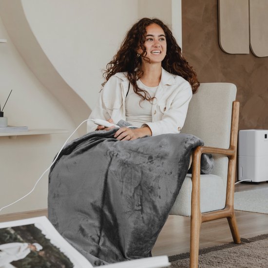 Bloomfold Elektrische Deken - 160 x 130 cm - Wasmachinebestendig - 1 Persoons - 9 Standen - Met Timer - Warmtedeken - Grijs/flannel