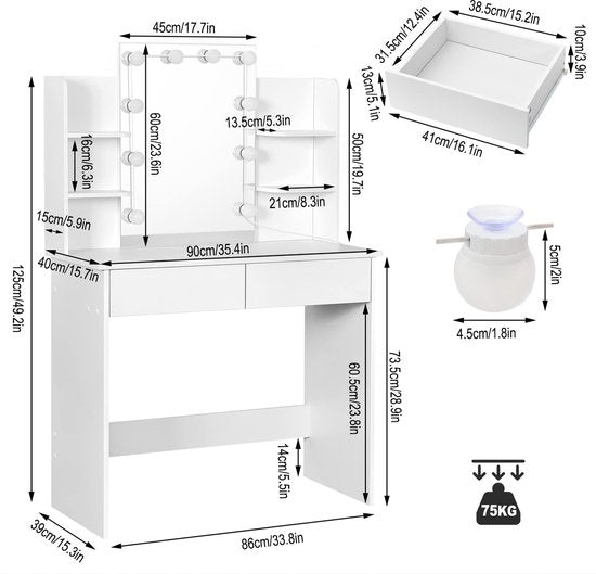 Rootz Kaptafel - Dressoir - Make-up Station - Schoonheidstafel - Cosmetische Stand - Glamour Tafel - Wit - 41,1x20,3x6,1 inches