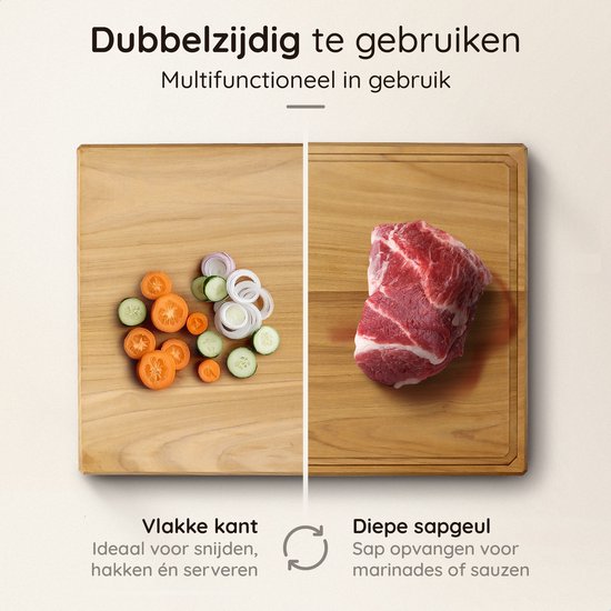 Deleca Teakhouten Snijplank - Dubbelzijdig met Sapgeul / Handgrepen - Groot en Dikke Teak Hout Hakblok - Voor Keuken, Duurzame Snijplanken, Serveerplank, Kaasplank, Borrelplank, Tapasplank - Zonder Plastic - 51x38x3.8 cm