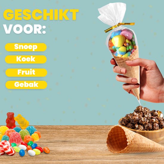 Feestio Uitdeelzakjes Puntzak - 200 Stuks - Snoepzakjes - Traktatie Zakjes Kinderfeestje - Cellofaanzakjes Transparant - Cadeauzakjes - Snoepzak