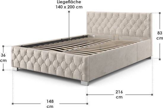 Gestoffeerd Bed Nizza - 140 x 200 cm - Beige - LED Verlichting & Bedlade