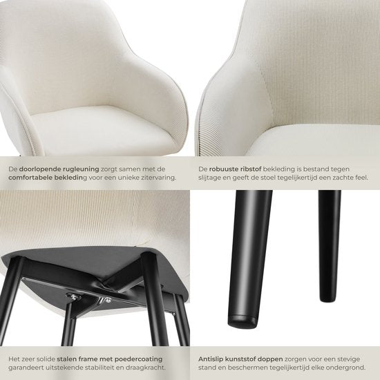 tectake® Eetkamerstoelen Marilyn - Gestoffeerde Stoelen met Koordlook/ribstof - Zwarte Stoelpoten - Ergonomische Keukenstoel - Stoel voor Eetkamer, Woonkamer, Slaapkamer - Creme