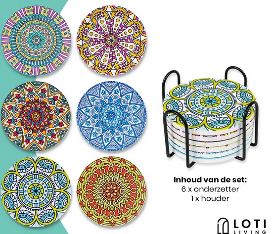 Loti Living Onderzetters met Houder – Onderzetters Design - Onderzetters Kurk – Onderzetters set - Onderzetters Voor Glazen – 6 stuks – Mandala Design
