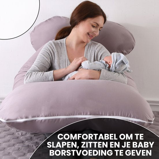 Oemmie Zwangerschapskussen - Voedingskussen - Zijslaapkussen - Lichaamskussen - Body Pillow - U-vorm - 140x80 cm - Grijs