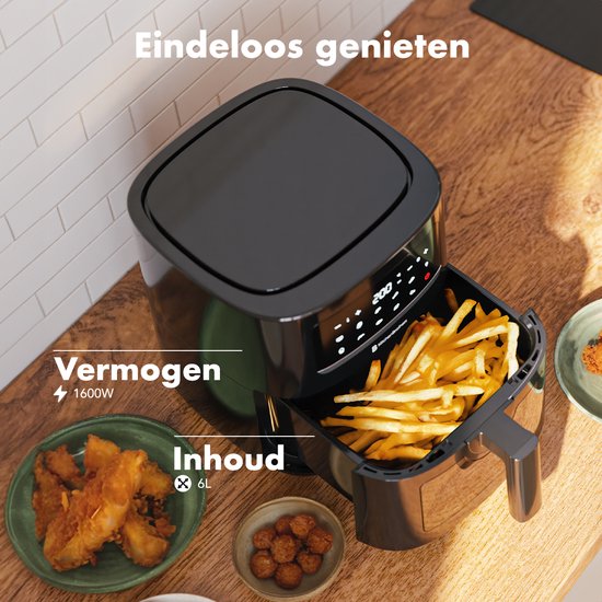 KitchenBrothers Airfryer XL - 6L - 1600W - Heteluchtfriteuse - 50ºC tot 200ºC - 10 Kookprogramma's - Zwart