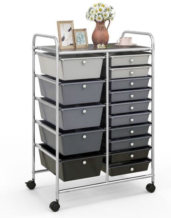 Coast Rolwagen met 15 lades - 63 x 37 x 87 cm - Grijs/ Zwart