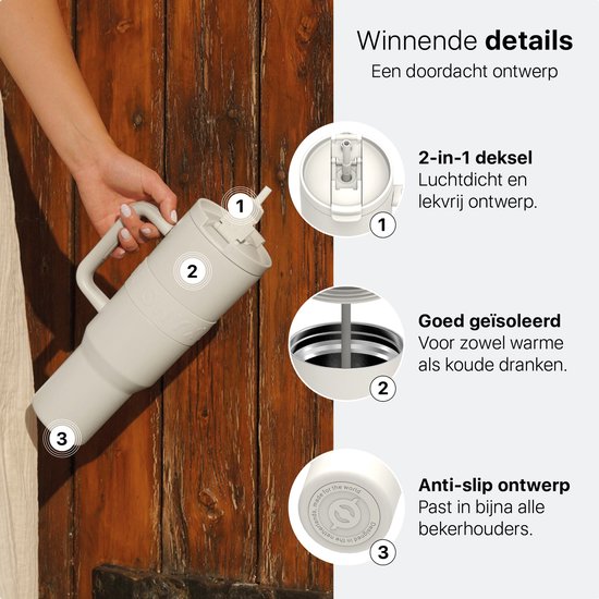ONYX Drinkfles met Rietje 1 Liter - Waterfles voor Kinderen & Volwassenen - Thermosbeker RVS Travel Mug - Motiverende Drinkbus - Drinkbeker voor School - Coco White