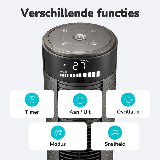 Bloomfold Toren Ventilator - 38 inches - Grijs - Afstandsbediening - Slaapstand - 12 uur Timer - Full Led Display