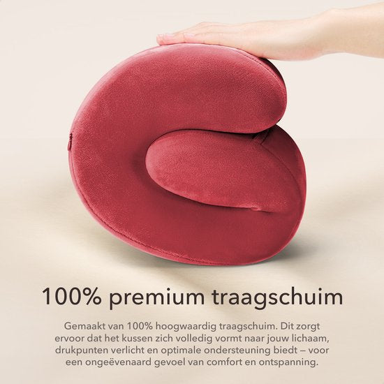 SC Travel Essentials - Nekkussen Set 3-delig - Ergonomisch Memory Foam Reiskussen met Oogmasker en Oordoppen - Ideaal voor Vliegtuig, Auto en Trein - Compact en Luxe - Rood