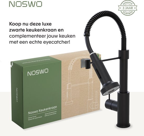 Noswo Keukenkraan met Uittrekbare Uitloop - Keukenmengkraan - Handdouche - Uittrekbaar - Flexibele Slang - Zwart