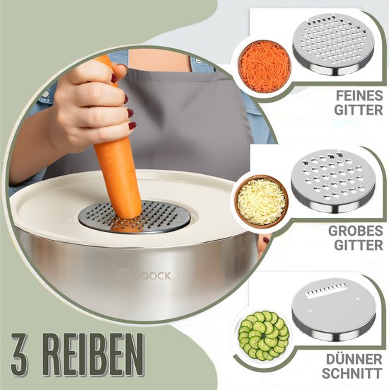 COOCK RVS Mengkommen set met Deksel - Beslagkommen met deksel - Bewaarbak met Rasp - Schaal voor Salades & Mengen - 22 Delige Set 1,5 t/m 5 Liter – Beige - Incl. Maatschepjes