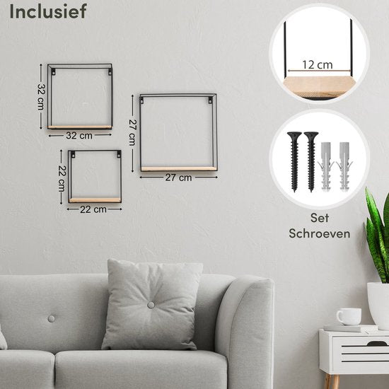 Happy Goods® Wandrek Industrieel - Set van 3 - Vierkant Wandrek - Zwart - Wandrekken