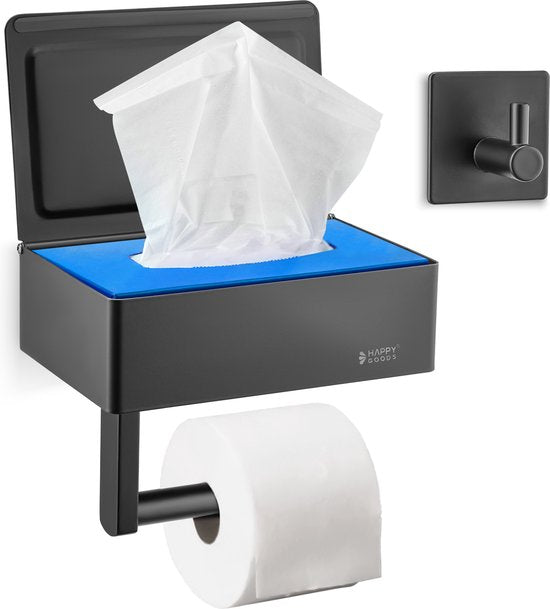Happy Goods WC Rolhouder met Plankje en Bakje - Zelfklevend / Boren - Toiletrolhouder Zwart zonder Boren - RVS - INCL. Handdoekhaakje