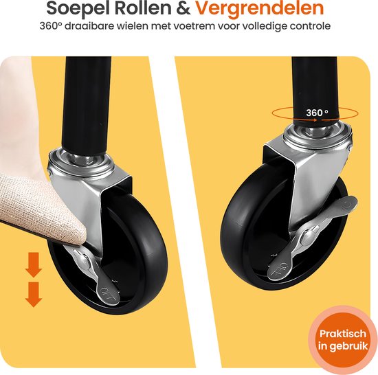 Goliving Kledingrek op wieltjes XL - Uitschuifbare Kledingstang 112-150 cm - 130kg Draagvermogen - Stevig Garderoberek - Metaal - Zwart