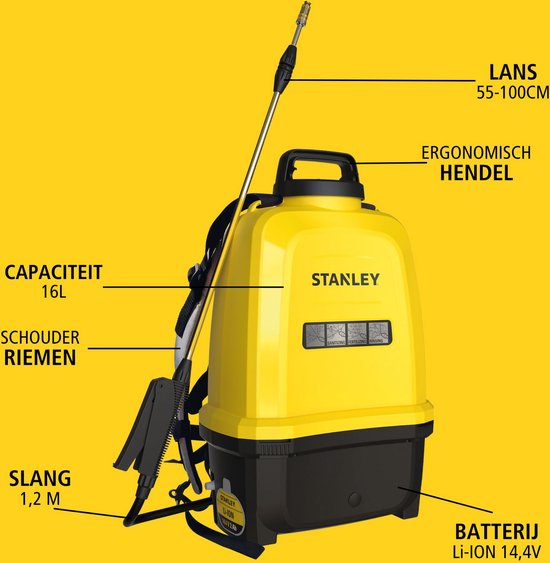 Stanley Druksproeier 16 L rug, rugsproeier tuin, drukspuit, elektrisch, heroplaadbare batterij lithium, telescopische lans, regelbare sproeikop, autonomie 2 h, max. 5 bar, 0.60 l/minuut, geel/zwart