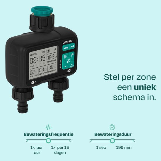 VONROC 2-weg watertimer – Besproeiingscomputer voor 2 zones – Instelbare bewateringstijd en - frequentie per zone