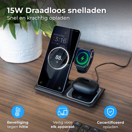 Nuvance Draadloze Oplader - 3 in 1 - 15W - Oplaadstation - Snellader - Draadloze Lader - voor Smartphone, Smartwatch & Oortjes