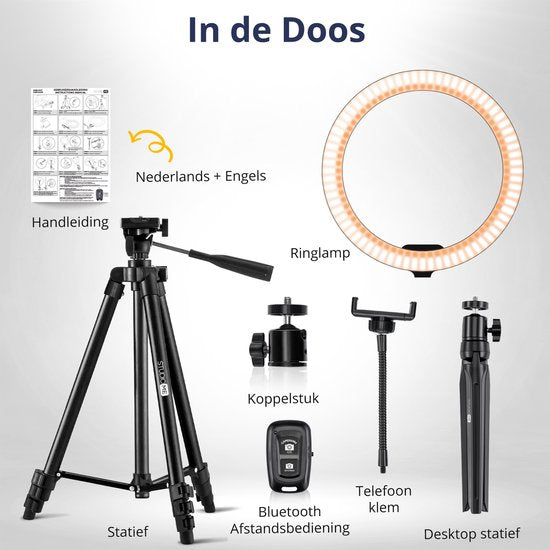 Studio ME Ringlamp met Statief 10 inch - Zwart - Ring Light - 30 Lichtstanden - Incl. Afstandsbediening & Mini Tripod - Ringlight - Ringlampen