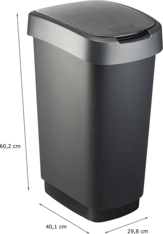 Rotho Twist Prullenbak- 50L - 60,2cm - Met Kanteldeksel - Zilver/Zwart