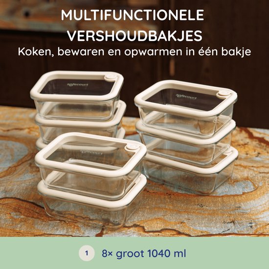 Safecourt vershoudbakjes - volledig van glas (100% micro-plastic vrij) - oven, vriezer, magnetron en vaatwasser - 8x 1040ml set