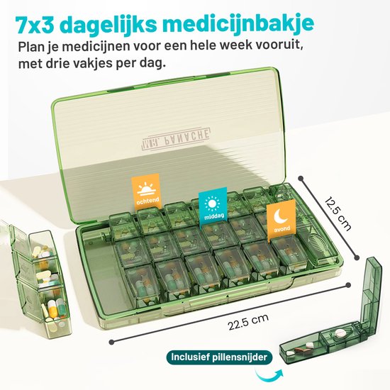 MR. PANACHE Pillendoos voor 7 Dagen met 3 Vakken - Medicijndoos - Pillendoosjes - Pillensnijder - Medicijndoosje 7 dagen - Pillendoos - Medicijnen Doosje - Pillendoosje - Pillendoos 7 dagen - Sterke vergrendeling - Medicijnendoosje met dag aanduiding