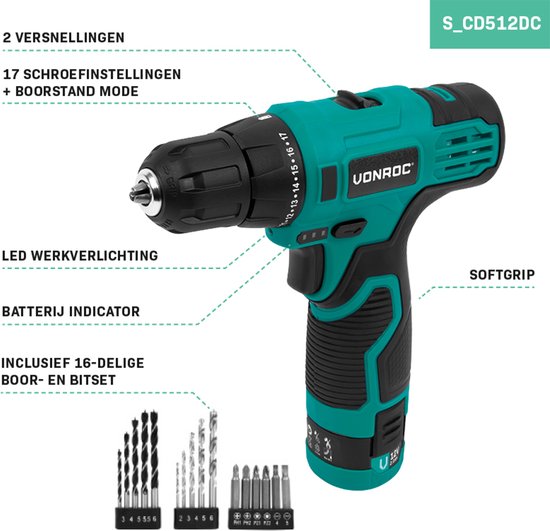 VONROC Accuboormachine 12V - Incl. Accu, usb-c kabel en 16-delige boor- en bitset