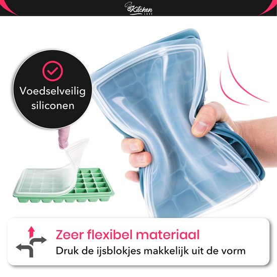 KitchenLove Siliconen IJsblokjesvorm met Deksel (2 Stuks) - 80 ijsblokjes - Vierkant - BPA Vrij - 100% Silicone - Groen & Blauw