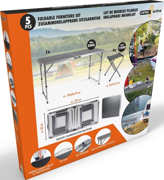 Camp Active Campingtafelset - Campingtafel met 4 Krukjes - Inklapbaar - Lichtgewicht - Compact - Stevig - Grijs