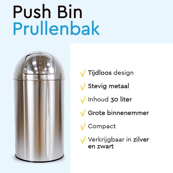 BRASQ Push Bin Prullenbak RVS Vuilnisbak met uitneembare afvalemmer 30 liter - Afvalbak - Prullenbakken