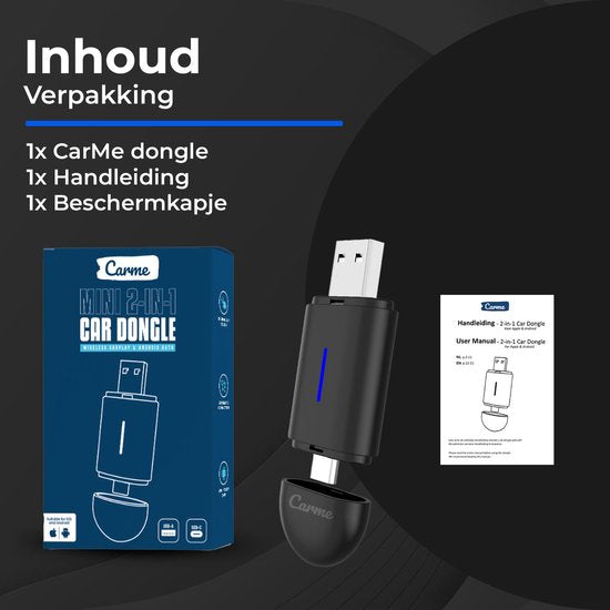 CarMe Mini 2-in-1 CarPlay Dongle - USB-A & USB-C - Draadloos CarPlay & Android Auto - Zwart