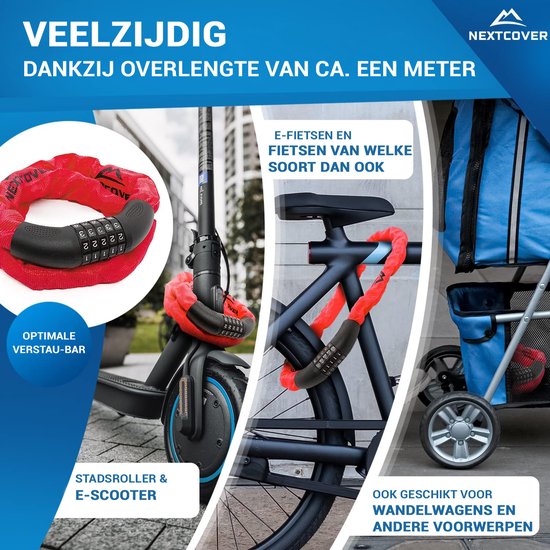 NEXTCOVER® Cijferslot Fietsslot - Het origineel - [SAFESECURE] Hoge veiligheid - Fietssloten met 5-cijferige cijfercode, cijferslot fiets staal - Fietsslot perfect voor e-bike - Kettingslot Rood