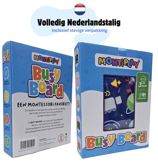 MontiPlay® Montessori Speelgoed - Sensorisch Speelgoed - Activiteitenbord - Busy Board - Montessori activiteitenboek voor thuis - Educatief - Sensomotorisch Speelgoed - Blauw