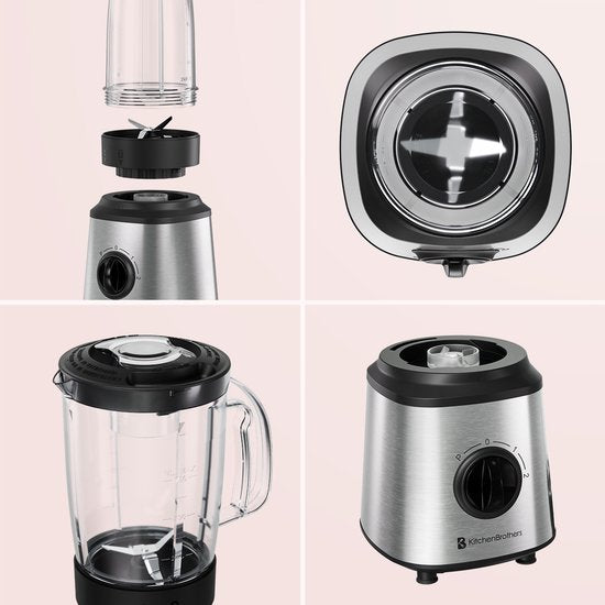 KitchenBrothers Blender - Complete Set - 2x 750ml Bowl - Grinder - Tamper - To-Go Cups - Stainless Steel