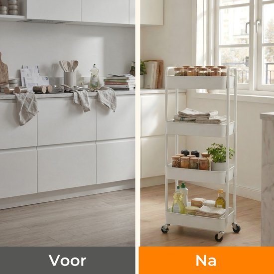 Posity Keukentrolley op wieltjes – Serveerwagen / Opbergtrolley / Keukenrek / Trolley Keuken – Verrijdbaar en Vast – 4 Lagen – Kunststof – Wit