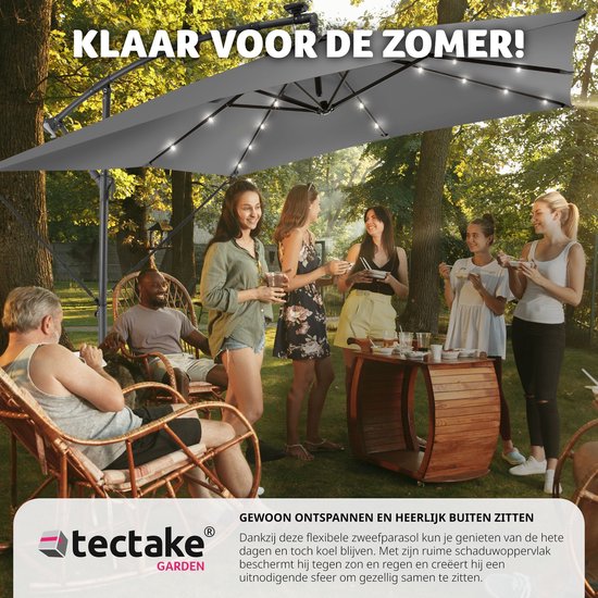 tectake® Rechthoekige parasol - Met LED-verlichting op zonne-energie - Incl. beschermhoes - Zweefparasol - Zonwering terras, tuin - Balkonparasol - Grote parasol - 250x300cm - Grijs