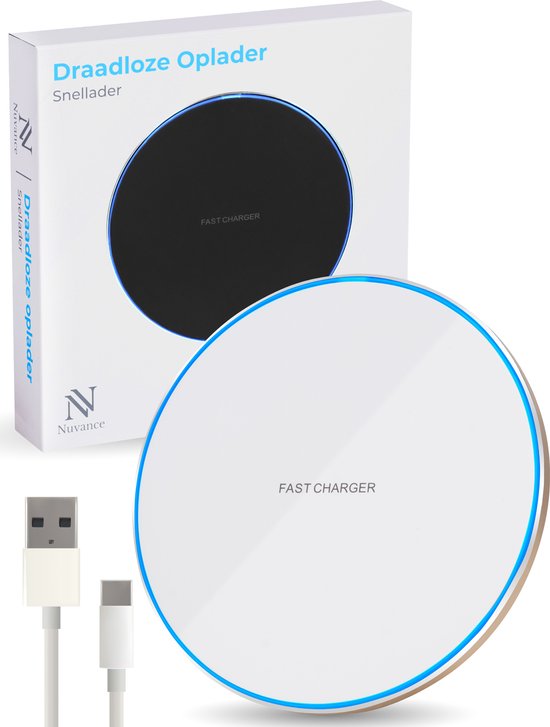 Nuvance - Draadloze Oplader 15W - Inclusief Kabel - Wireless Charger - Fast Charger - Geschikt voor alle Qi-Smartphones - Wit en Goud