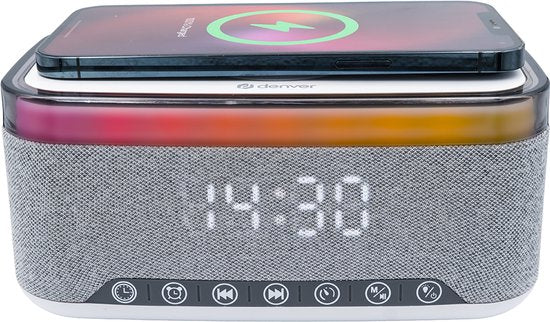 Denver Wekker met Draadloze Oplader - White Noise Machine - Digitale Wekker - Bluetooth - FM Radio - Dubbel Alarm - Dimmer - CRQ225