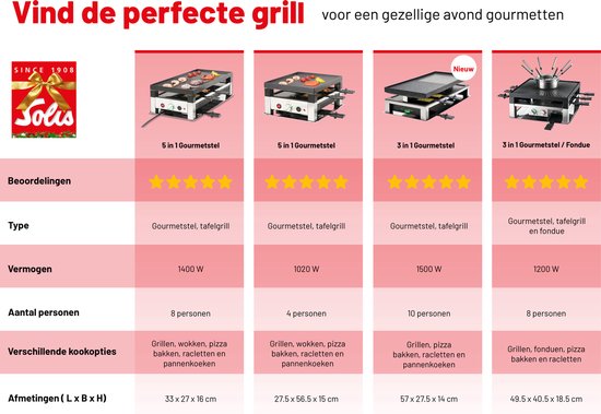 Solis 3 in 1 Tafelgrill 7911 Gourmetstel 10 Personen - Raclette Gourmet Set - Bakplaat Gourmetten - Zilver/Zwart