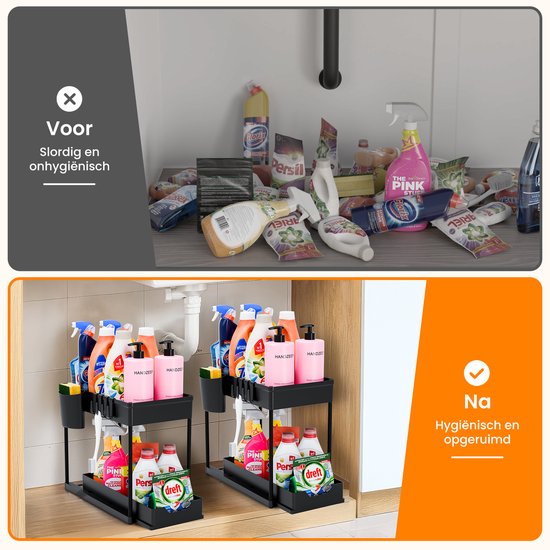 Posity Gootsteenkast Organizer - Keukenkastje Organizer - Schuiflade - Kast Organizer - Badkamer Organizer - Aanrecht Organiser - 1 Uitschuifbare Lade - Zwart