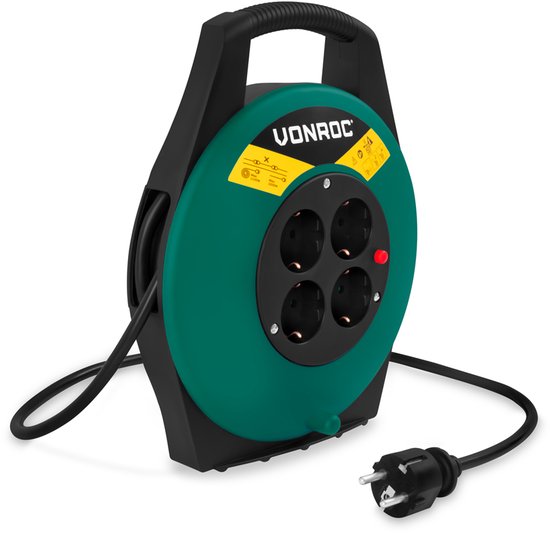 VONROC Kabelhaspel 10m – IP20 – PVC Kabel H05VV-F 3G1.5mm² – 4 geaarde Schuko stopcontacten – 3200W (uitgerold)/1100W (opgerold) - Thermische beveiliging