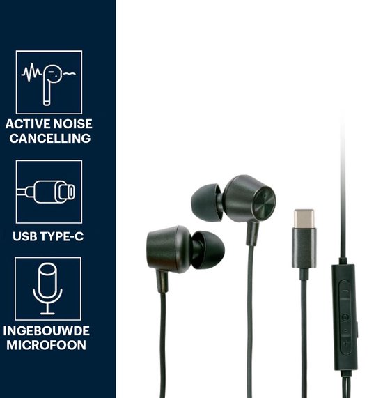 Grundig Oortjes met draad USB C - In-Ear Oordopjes met Draad 120cm - Earbuds met Microfoon - Geschikt voor iPhone, Samsung en Tablet - Active Noise Cancellation - Zwart