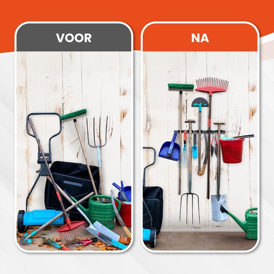 TTD® Luxe XXL Bezemhouder – Zelfklevend – 5 Ophanghaken & 6 Gereedschapsklemmen – Tuingereedschap – RVS